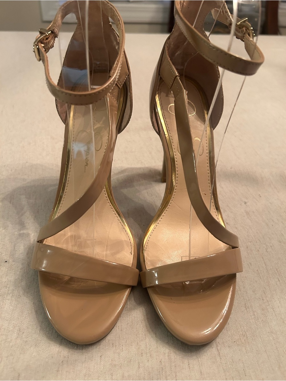 Jessica Simpson Tan Patent Leather Ankle Strap -Heel Sandals - EUC - Size 8
